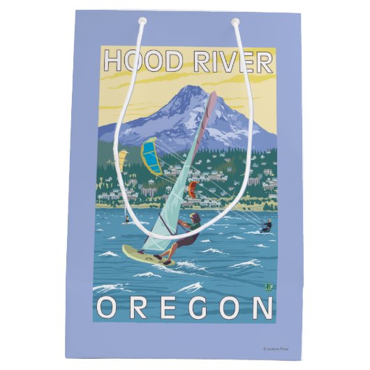 フッド川、ORWindのサーファー及び凧の寄宿生 ミディアムペーパーバッグ (裏面)