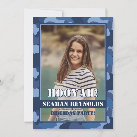 フフ!ブルー迷彩柄フォト誕生日ロブスター沸騰 招待状 (正面)