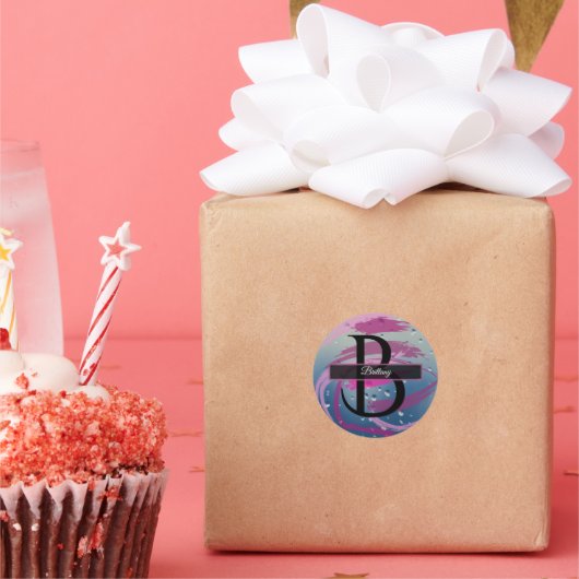 フューシャとソフトピンクの筆跡モノグラム ラウンドシール (パーティー)