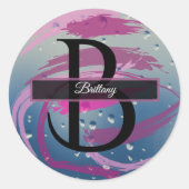 フューシャとソフトピンクの筆跡モノグラム ラウンドシール (正面)