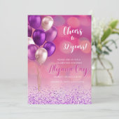 フューシャピンクの円形ライトに紫色の風船 招待状 (スタンド正面)