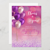 フューシャピンクの円形ライトに紫色の風船 招待状 (正面/裏面)
