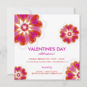 フューシャピンクの花とハートのバレンタインパーティー招待 招待状 (正面)