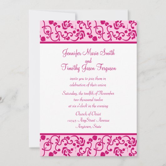 フューシャピンクの花をあしらったスタイリッシュで遊び心あふれるウェディング招待状 招待状 (正面)