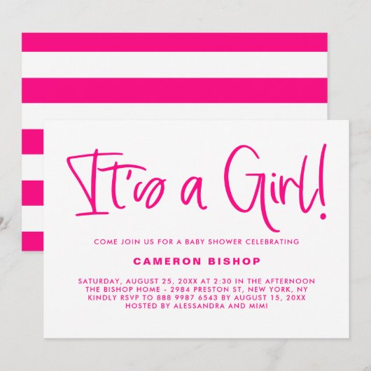 フューシャ キュート カリグラフィー 女の子 ベビーシャワー 招待状 (正面/裏面)