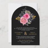 フューシャ フローラル ローズ QR コード フォト ブラック ウェディング 招待状 (正面)