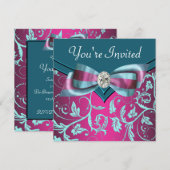 フューシャ ホット ピンク ティール ブルー すべての機会 パーティー 招待状 (正面/裏面)