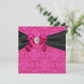 フューシャ ホット ピンク ブラック ダマスク パーティー 招待状 (スタンド正面)