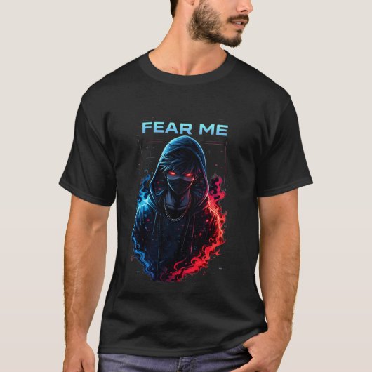 フューチャリズム溢れるサイバーパンクのフード付き戦士 赤と青の炎 Tシャツ (正面)
