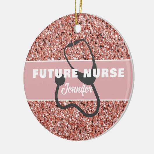 フューチャーナースメディカルピンクグリッター パーソナライズされた セラミックオーナメント (左)