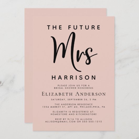 フューチャーミセス赤面ピンクブライダルシャワー 招待状 (正面/裏面)