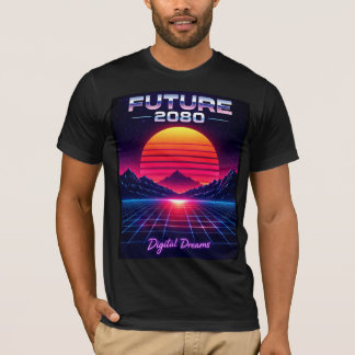 フューチャー2080 デジタルドリームス レトロネオンアートプリント Tシャツ
