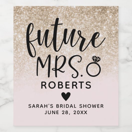 フューチャー ミセス ブラッシュ ピンクとゴールドのブライダルシャワー ワインラベル (シングルラベル)