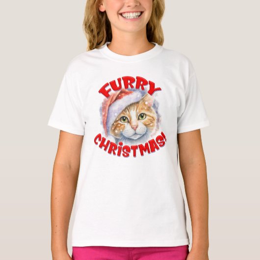 フューリークリスマスサンタハットキャットスケッチホリデー Tシャツ (正面)