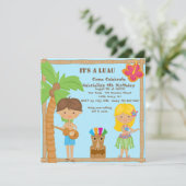 フラの女の子及び男の子のルアウ（ハワイ式宴会）の正方形の誕生日の招待状 招待状 (スタンド正面)