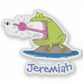 フライおもしろいマンユーモアを使った大きな緑のカエル シール (正面)