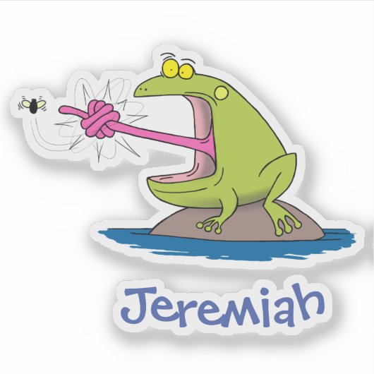 フライおもしろいマンユーモアを使った大きな緑のカエル シール (正面)