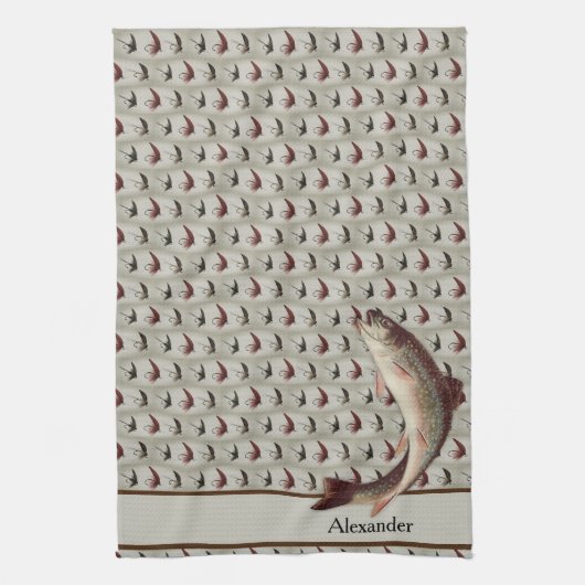 フライアフィッシングヴィンテージフライアインボーマス風呂タオル キッチンタオル (縦)