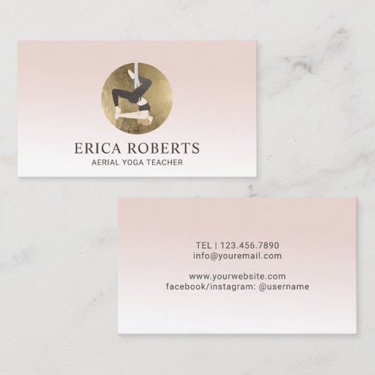 フライエアリアルヨガインストラクター金ゴールドロゴ赤面ピンク 名刺 (正面/裏面)