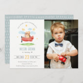 フライオーバーテディベア動物飛行機写真誕生日 招待状 (正面/裏面)