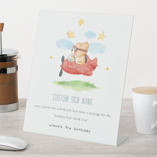 フライテディベアーアニマル飛行機誕生日カスタムパーティー 台座サイン (インサイチュ)