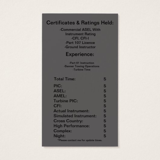 フライトインストラクター事業/レジューム・カード (裏面)