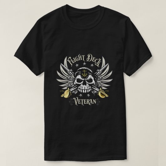 フライトデッキ退役軍人スカル海軍航空デザイン Tシャツ (デザイン正面)