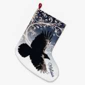 フライト中のレイヴンWintery青い白い渦巻きエレガント ラージクリスマスストッキング (正面 (吊り時))