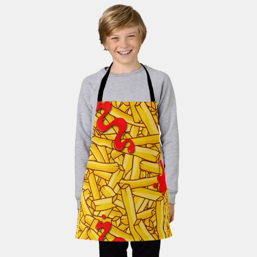 フライドポテトとケチャップおもしろいアニメ エプロン (着用した状態)