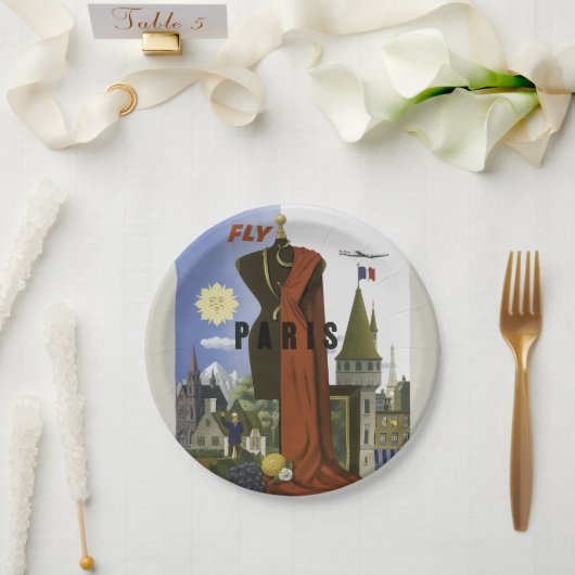 フライパリフランスヴィンテージ旅行ポスター ペーパープレート (ウェディング)
