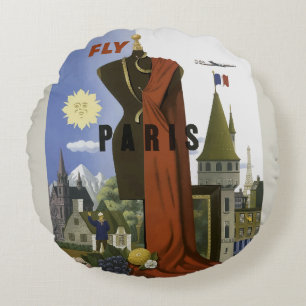 フライパリフランスヴィンテージ旅行ポスター ラウンドクッション