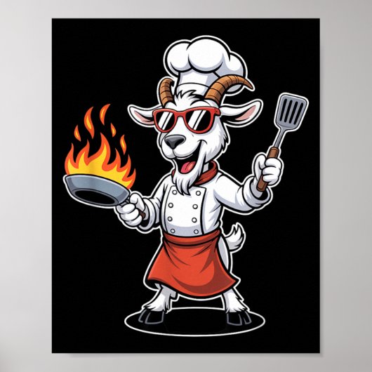 フライパンとヘラを持つおもしろヤギのシェフ BBQ ポスター (正面)