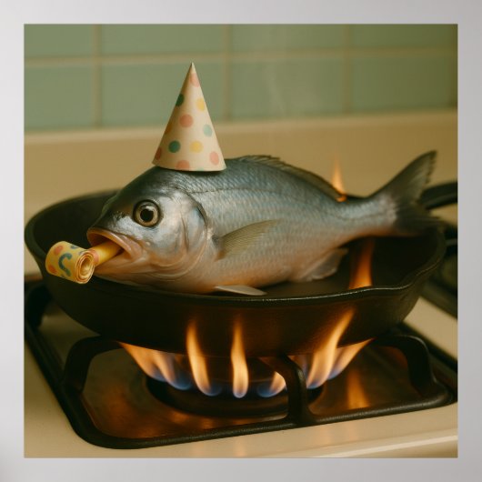 フライパンにパーティー帽子をかぶせた魚 ポスター (正面)