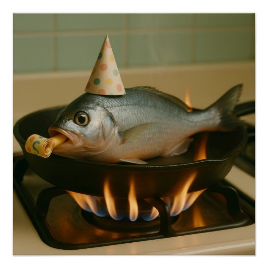 フライパンにパーティー帽子をかぶせた魚 ポスター (正面)