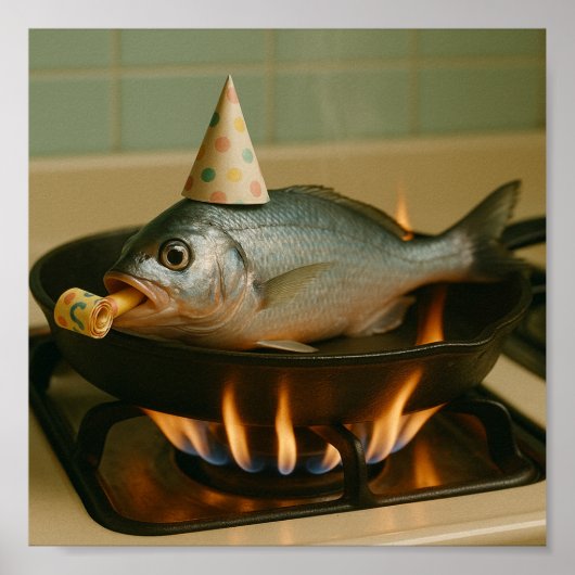 フライパンにパーティー帽子をかぶせた魚 ポスター (正面)