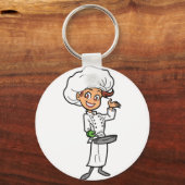フライパンのキーチェーンを持つ女性シェフ キーホルダー (正面)