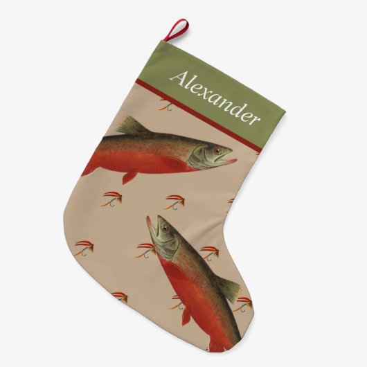 フライパーソナライズされたフィッシャーズホリデーサーモンマス ラージクリスマスストッキング (正面 (吊り時))