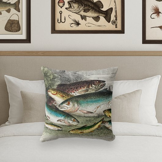 フライフィッシャーマンズヴィンテージ魚釣りマス水彩 クッション