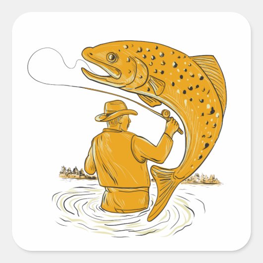 フライフィッシャーマンリリングトラウトスケッチ スクエアシール (正面)