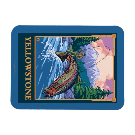 フライフィッシングのシーン – イエローストーン国立公園 マグネット (横)