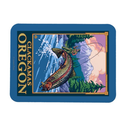 フライフィッシングのシーン – オレゴン州クラカマス マグネット (横)