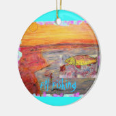 フライフィッシングの夕日デザイン セラミックオーナメント (左)