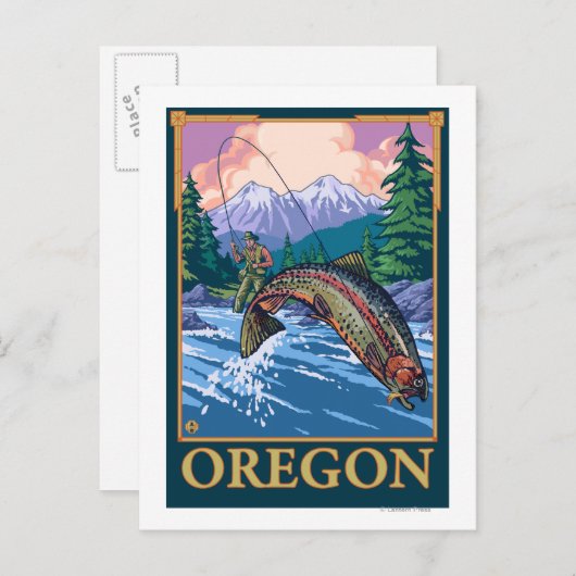 フライフィッシングシーン – ヴィンテージ旅行ポスター ポストカード (正面/裏面)