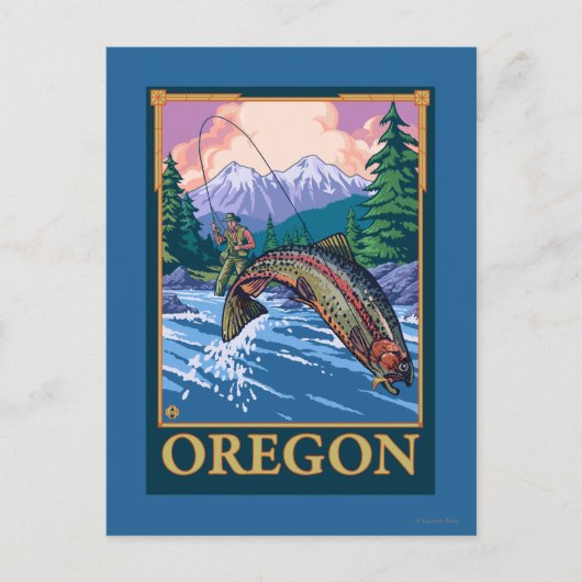 フライフィッシングシーン – ヴィンテージ旅行ポスター ポストカード (正面)