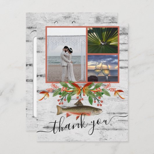 フライフィッシングテーマ結婚の3枚の写真コラージュ サンキューカード (正面/裏面)
