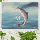 フライフィッシングトラウト漁師ブルーリバーモノグラム キッチンタオル (折り畳み)