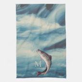 フライフィッシングトラウト漁師ブルーリバーモノグラム キッチンタオル (縦)