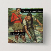 フライフィッシングヴィンテージレトロことわざ付きおもしろい画像 缶バッジ (正面)