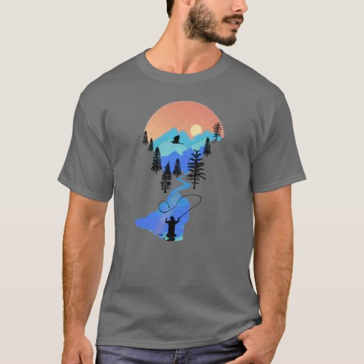 フライフィッシング 山の夕焼け 友達 Tシャツ (正面)