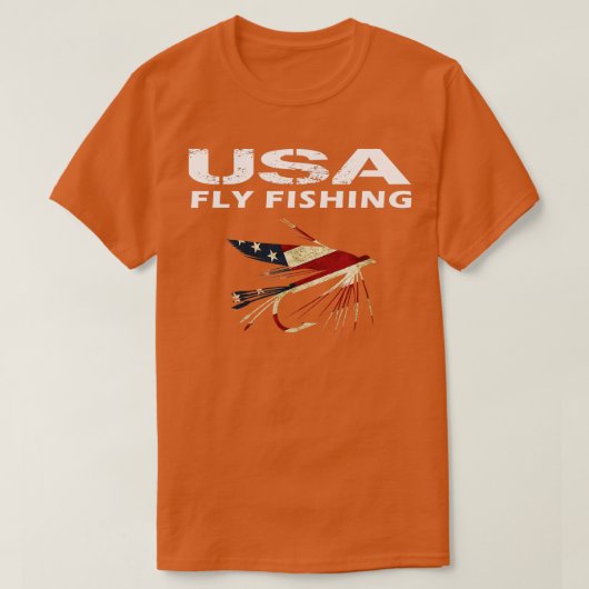 フライロッドで魚を釣る人を対象に飛ぶ米国 Tシャツ (デザイン正面)